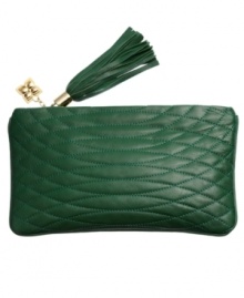 Keep your cool with a gorgeous quilted design from BCBGMAXAZRIA. This night-out clutch features a unique quilted exterior with shiny goldtone hardware and fun-loving tassel and charm accents. Keep your cool with a gorgeous quilted design from BCBGMAXAZRIA. This night-out clutch features a unique quilted exterior with shiny goldtone hardware and fun-loving tassel and charm accents.