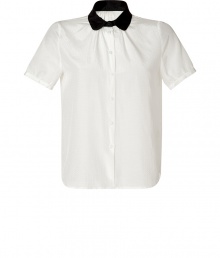 With sweet allover dot patterning and a rounded black collar, Band of Outsiders two-tone shirt is a cool way to wear this everyday staple style - Black rounded collar with gather detail underneath, short puff sleeves, buttoned cuffs, button-down front, shirttail hemline - Loosely tailored fit - Wear with a printed skirt and retro-style accessories