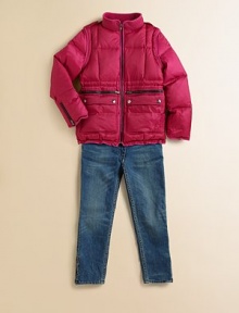 A super-sleek puff style with detachable sleeves for two great looks in one.Stand collar Shoulder epaulets Front zip closure Two zippers above flap pockets Two zippers at cuffs Elastic waist Ruffle hem Full cotton lining Nylon Machine wash Imported A super-sleek puff style with detachable sleeves for two great looks in one.Stand collar Shoulder epaulets Front zip closure Two zippers above flap pockets Two zippers at cuffs Elastic waist Ruffle hem Full cotton lining Nylon Machine wash Imported