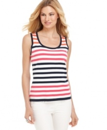Spring into style this season in this Jones New York Signature tank top, featuring bright stripes. Pair it with the matching cardigan to make a twinset! Spring into style this season in this Jones New York Signature tank top, featuring bright stripes. Pair it with the matching cardigan to make a twinset!