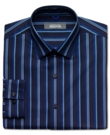 Step outside of solids with this handsome striped, slim-fit dress shirt from Kenneth Cole Reaction.