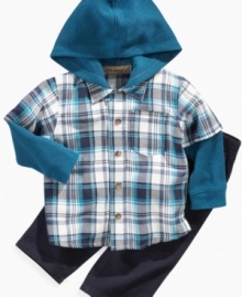 Kick his casual style up a notch with this cool hooded plaid shirt and pant set from Kids Headquarters. Kick his casual style up a notch with this cool hooded plaid shirt and pant set from Kids Headquarters.