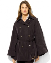 Constructed with a chic, cinchable waist and epaulets at the shoulders, Lauren Ralph Lauren's sophisticated taffeta poncho provides enduringly stylish shelter from the rain. Constructed with a chic, cinchable waist and epaulets at the shoulders, Lauren Ralph Lauren's sophisticated taffeta poncho provides enduringly stylish shelter from the rain.