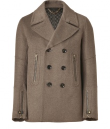 Sophisticated with a downtown edge, this wool-cashmere pea coat from British heritage brand Belstaff gets toughened up with a zipper-laden motorcycle styling - Spread collar, double-breasted with button front placket, long sleeves with exposed zip cuffs, exposed zip pockets, moto-styled seaming at arms, belted back waist with adjustable buttons - Slim fit - Style with jeans or slim trousers, a long sleeve henley, and motorcycle boots