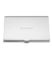 Engraved with let's do lunch, the silver-plated Silver Street business card holder will get your name out with the impeccable style of kate spade new york. A beautiful gift for your colleague or assistant. Engraved with let's do lunch, the silver-plated Silver Street business card holder will get your name out with the impeccable style of kate spade new york. A beautiful gift for your colleague or assistant.