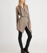 Featherweight wool crepe in an elegant drape-front topper, cinched at the waist by a chic leather belt.Gathered asymmetrical necklineSingle button closureWrap frontSkinny leather beltAbout 39 from shoulder to hemWoolDry cleanMade in USA of imported fabricModel shown is 5'10 (177cm) wearing US size Small.