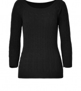 Super soft and ultra flattering, Ralph Laurens ballet neck cashmere cable knit pullover counts as a must for luxe feminine looks - Wide scooped neckline, 3/4 sleeves, fine ribbed trim, fitted - Pair with favorite jeans and patent leather ballerinas for a preppy-chic finish