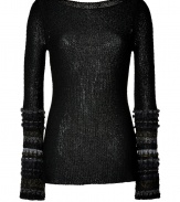 Inject an edge of urban glamour into your contemporary luxe look with Donna Karans intricately crafted open knit pullover - Boat-neckline, long wide sleeves with metallic, olive, and tonal grey stitched cuffs - Long, fitted silhouette - Layer over jet black tissue tees and edgy slim trousers