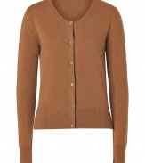 Wrap yourself up in classic luxe style with this cashmere cardigan from By Malene Birger - Round neck, front button placket, ribbed cuffs and hem, side vents, slim fit - Wear with a fitted silk blouse, a pencil skirt, and classic heels