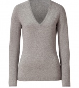 Exquisitely soft in chic cashmere, Brunello Cucinellis heathered V-neck lends a luxurious polish to casual daytime looks - Softly scooped V-neckline, long sleeves, sueded elbow patches, fine ribbed trim - Classic straight fit - Team with tailored button-downs and dressy trousers, or with tissue tees, favorite jeans and flats