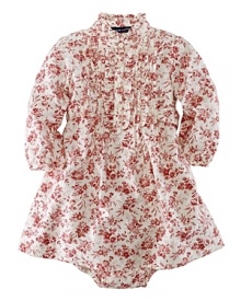 Sweet ruffles and a delicate floral print lend a sweet appeal to the vintage-inspired brushed cotton twill dress. Sweet ruffles and a delicate floral print lend a sweet appeal to the vintage-inspired brushed cotton twill dress.