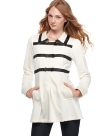 The ribbon stripes & bow ties add both a graphic & girly appeal to this LA Kitty coat -- a cute fall cover-up! The ribbon stripes & bow ties add both a graphic & girly appeal to this LA Kitty coat -- a cute fall cover-up!