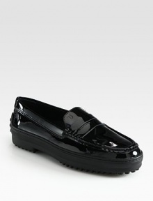 A durable rubber trek sole elevates this moccasin-inspired staple in luxurious Italian patent leather. Patent leather upperLeather liningRubber trek solePadded insoleMade in ItalyOUR FIT MODEL RECOMMENDS ordering true size. 