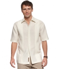 A casual staple, this shirt from Cubavera evokes the timeless style of breezy beach attire. A casual staple, this shirt from Cubavera evokes the timeless style of breezy beach attire.