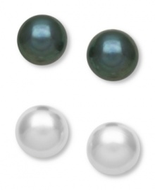 Polish just about any look with the perfect hue. This 2-piece stud earring set features cultured freshwater pearls (10-11 mm) in white and black. Set in sterling silver. Approximate diameter: 1/2 inch. Polish just about any look with the perfect hue. This 2-piece stud earring set features cultured freshwater pearls (10-11 mm) in white and black. Set in sterling silver. Approximate diameter: 1/2 inch.