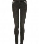 Give your edgy look that Brooklyn-bound feel in Marc by Marc Jacobs two-tone black skinny jeans - Four-pocket style, button closure, belt loops, contrast grey trim - Pair with oversized chunky knits and kick-around boots