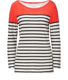 Spring-favorite stripes get a cool colorblock in Steffen Schrauts tri-tone top - Wide neckline, long sleeves - Fitted - Wear with favorite skinnies and bright leather flats