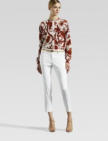 Tapestry printed silk crepe de chine guru blouse.Band collarButton frontLong sleeves with button cuffsSilkDry cleanMade in Italy of imported fabric Tapestry printed silk crepe de chine guru blouse.Band collarButton frontLong sleeves with button cuffsSilkDry cleanMade in Italy of imported fabric