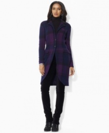 Inspired by smartly tailored haberdashery looks, this Lauren by Ralph Lauren top coat channels modern sophistication in a jersey-knit stretch merino wool and angora blend finished with touches of velvet and a classic plaid pattern. Inspired by smartly tailored haberdashery looks, this Lauren by Ralph Lauren top coat channels modern sophistication in a jersey-knit stretch merino wool and angora blend finished with touches of velvet and a classic plaid pattern.