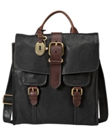 Contrast buckles, brasstone hardware and front flap pockets add refinement to this equestrian-inspired purse from Fossil. Contrast buckles, brasstone hardware and front flap pockets add refinement to this equestrian-inspired purse from Fossil.