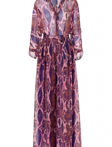 Take your holiday look to the next level with this ultra-luxe printed silk jumpsuit from Matthew Williamson Escape - Fitted bodice with spread collar, front button placket, and long sleeves, self-tie belted waist, voluminous wide leg pants, all-over snake print - Style with platform pumps and an embellished clutch