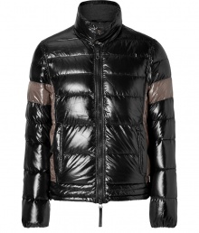 A sleek patina and cool contrast paneling lend this Duvetica down jacket its sporty and stylish edge - Wind- and water-resistant black and taupe polyamide, two-way front zip, stand-up collar with snap closures, side slit pockets - Straight cut fits close to the body for extra warmth - Pair with jeans, chinos, cords and athletic pants A sleek patina and cool contrast paneling lend this Duvetica down jacket its sporty and stylish edge - Wind- and water-resistant black and taupe polyamide, two-way front zip, stand-up collar with snap closures, side slit pockets - Straight cut fits close to the body for extra warmth - Pair with jeans, chinos, cords and athletic pants