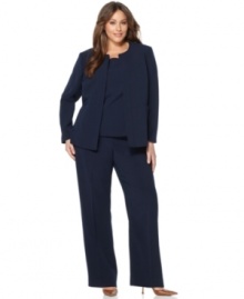 Kasper's sleek, collarless jacket, sleeveless shell and wide leg pants combine to make a flattering plus size look. Kasper's sleek, collarless jacket, sleeveless shell and wide leg pants combine to make a flattering plus size look.
