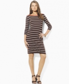 Designed with sleek stripes and a bright burst of color at the neckline, this essential Lauren by Ralph Lauren dress evokes easy glamour in light-as-air cotton jersey. Designed with sleek stripes and a bright burst of color at the neckline, this essential Lauren by Ralph Lauren dress evokes easy glamour in light-as-air cotton jersey.