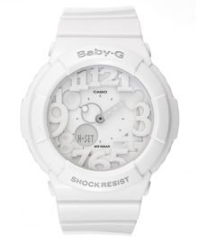 Designed with an imaginative 3-D dial and blacklight illuminator, this Baby-G watch creates a stunning effect with glowing neon blue, pink and green hues. Designed with an imaginative 3-D dial and blacklight illuminator, this Baby-G watch creates a stunning effect with glowing neon blue, pink and green hues.