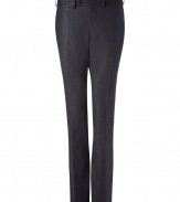 Elegant charcoal pants in a fine wool stretch blend - Streamlined, slim fit - Belt loops and button tab closure - Pocket at rear - Crease detail - A stylish alternative to jeans or chinos - Pair with a button down or cashmere pullover and oxfords
