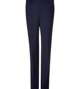 Channel modern gentlemanly sophistication in these slim classic wool pants from Etro - Flat front, belt loops, off-seam pockets, back welt pockets with buttons, creasing at legs - Style with a matching blazer, a printed button down, and suede ankle boots