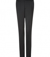 Sleek and sophisticated, Costume Nationals pinstriped wool pants lends a sharp edge to your business wardrobe - Tonal trimmed side and back slit pockets, zip fly, hidden hook closures - Slim tailored fit - Wear with the matching blazer and slick leather lace-ups