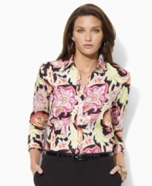 Crisply tailored from smooth cotton sateen with chic three-quarter sleeves, this classic petite Lauren by Ralph Lauren shirt gets a bold update with a bright and breezy paisley print.