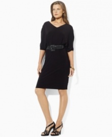 Designed from figure-flattering stretch matte jersey, Lauren by Ralph Lauren's petite Juna dress features slimming ruched dolman sleeves, a V-neckline and a versatile braided leather belt for a stylish silhouette. Designed from figure-flattering stretch matte jersey, Lauren by Ralph Lauren's petite Juna dress features slimming ruched dolman sleeves, a V-neckline and a versatile braided leather belt for a stylish silhouette.