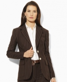 Rendered in a sleek two-button silhouette, Lauren by Ralph Lauren's petite jacket is crafted in chic pinstripes for a polished look.