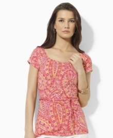 A vibrant pattern enlivens the ultra-soft Lauren by Ralph Lauren petite top, rendered with a chic scoop neckline and slim tie at the waist. A vibrant pattern enlivens the ultra-soft Lauren by Ralph Lauren petite top, rendered with a chic scoop neckline and slim tie at the waist.