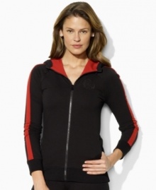 Lauren by Ralph Lauren's ultra-soft cotton fleece track jacket is finished with bold colorblocked details for athletic appeal. Lauren by Ralph Lauren's ultra-soft cotton fleece track jacket is finished with bold colorblocked details for athletic appeal.