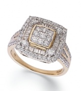 Square off. Style and sparkle combine on this totally-chic Yell'Ora ring. Round and baguette-cut diamonds form a stunning square pattern (1 ct. t.w.). Base metal made from a combination of pure gold, sterling silver and palladium.