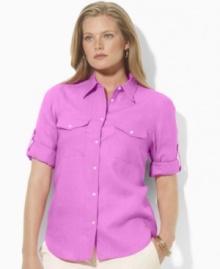 Tailored for an easy, modern fit from lightweight linen, this iconic plus size shirt from Lauren by Ralph Lauren is infused with safari inspiration. Tailored for an easy, modern fit from lightweight linen, this iconic plus size shirt from Lauren by Ralph Lauren is infused with safari inspiration.