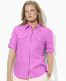 Tailored for an easy, modern fit from lightweight linen, this iconic plus size shirt from Lauren by Ralph Lauren is infused with safari inspiration.