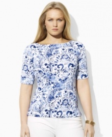 A chic boat neckline infuses the classic cotton plus size tee from Lauren by Ralph Lauren with breezy, relaxed style.