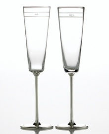 Begin a glorious meal--and life--together with a magical toast. From kate spade, these crystal champagne glasses feature brilliant silver-plated stems and sheer bands with either Mr. or Mrs. engraved on each rim. Coordinates with the rest of the handsome and modern Darling Point collection. Begin a glorious meal--and life--together with a magical toast. From kate spade, these crystal champagne glasses feature brilliant silver-plated stems and sheer bands with either Mr. or Mrs. engraved on each rim. Coordinates with the rest of the handsome and modern Darling Point collection.