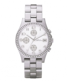 Sit pretty and sophisticated with this chic Henry watch by Marc by Marc Jacobs. Stainless steel bracelet and round case. Bezel embellished with crystal accents. White chronograph dial features applied silvertone numerals at markers, date window at three o'clock, three silvertone subdials, three hands and subtle logo. Quartz movement. Water resistant to 30 meters. Two-year limited warranty.