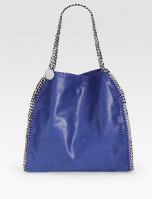 A smaller version of the classic Falabella, in suede-like polyester with a silver tone chain trim.Double chain shoulder straps, 6 drop Snap top closure One inside zip pocket Nylon logo lining 14W X 15H X 3D Made in Italy A smaller version of the classic Falabella, in suede-like polyester with a silver tone chain trim.Double chain shoulder straps, 6 drop Snap top closure One inside zip pocket Nylon logo lining 14W X 15H X 3D Made in Italy