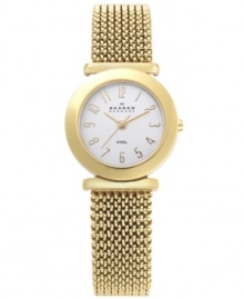 Signature Skagen Denmark style in an easy clasp-free design. Gold tone stainless steel mesh expansion bracelet and round case. White dial features Swarovski element markers, three gold tone hands and logo. Quartz movement. Water resistant to 30 meters. Limited lifetime warranty.