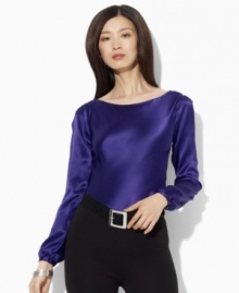 Decadent refined satin is luxuriously designed in Lauren by Ralph Lauren's classic long-sleeved boatneck silhouette with billowing sleeves to create a chic, contemporary essential.