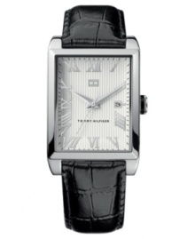 This Tommy Hilfiger watch captures traditional style with a suave exterior. Black croc-embossed leather strap and rectangular silvertone mixed metal case. Textured silvertone dial with tonal Roman numerals, logo and date window. Quartz movement. Water resistant to 30 meters. Ten-year limited warranty. This Tommy Hilfiger watch captures traditional style with a suave exterior. Black croc-embossed leather strap and rectangular silvertone mixed metal case. Textured silvertone dial with tonal Roman numerals, logo and date window. Quartz movement. Water resistant to 30 meters. Ten-year limited warranty.
