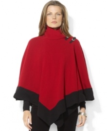 Lauren Ralph Lauren's classic wool poncho is updated with striking faux-leather buckles and a bold color-blocked hemline Lauren Ralph Lauren's classic wool poncho is updated with striking faux-leather buckles and a bold color-blocked hemline