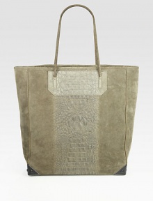 A crocodile-embossed panel is at the center of this chic carryall, made of sumptuous suede. Shoulder straps, 7½ dropProtective metal feetOne inner zip pouchTwo inside open pockets12½W X 13H X 4½DImported A crocodile-embossed panel is at the center of this chic carryall, made of sumptuous suede. Shoulder straps, 7½ dropProtective metal feetOne inner zip pouchTwo inside open pockets12½W X 13H X 4½DImported