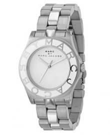 Marc by Marc Jacobs delivers mod, iconic style, time after time. This watch features a  stainless steel bracelet and round case. White enamel bezel with logo. White dial with logo. Quartz movement. Water resistant to 50 meters. Two-year limited warranty.